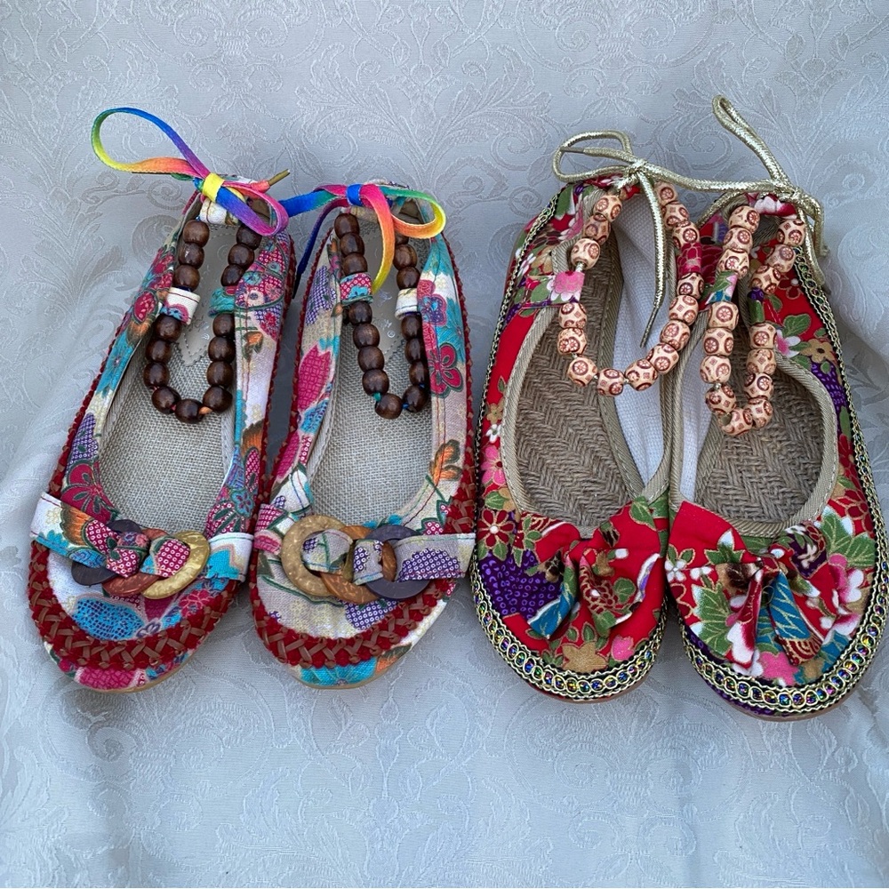2 Pairs Floral Fabric Ballet Flats Shoes 39/8.5 Beaded Xiruyi Canvas Boho Ethnic